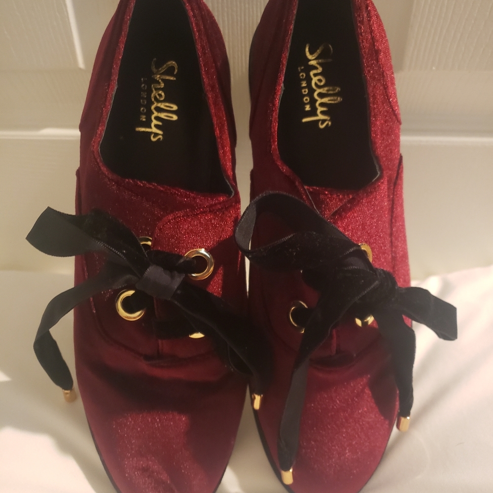 Shellys London, burgundy velvet shoes